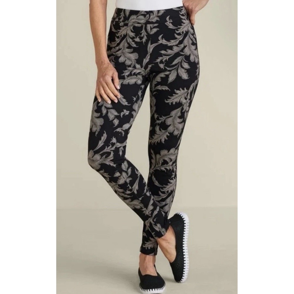 Soft Surroundings Size-L ‎ SoftEssential Ponte Leggings Black Tan Leaf Print $84